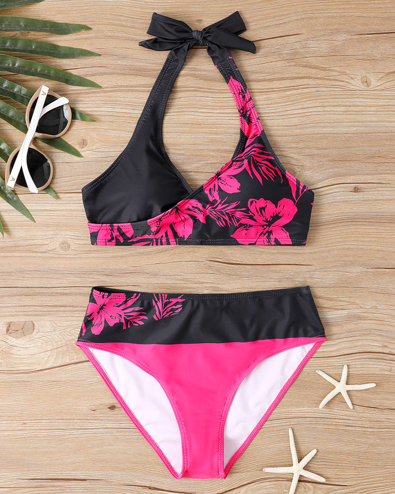 Bikini à Motif Floral Rose et Noir - Bikinis