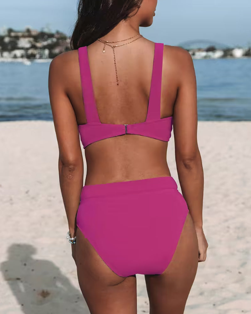 Bikini Élégant Taille Haute avec Col en V - Bikinis