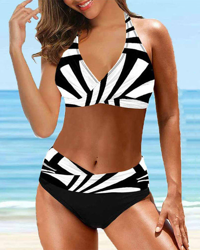 Bikini Rayé Taille Haute avec Col Halter - Bikinis