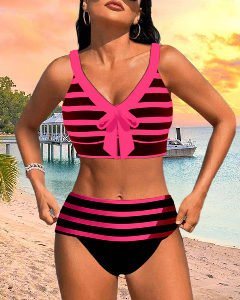 Bikini Taille Haute Rayé à Nœud Élégant - Bikinis