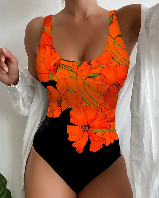 Maillot de Bain Une Pièce à Imprimé Floral Orange - Orange / S