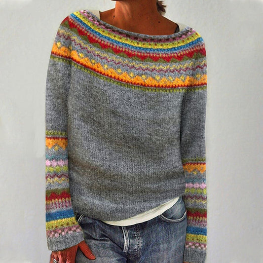 Maria - Pull Islandais Confortable - Gris / Arc-en-ciel / S - Sweaters & Pullovers