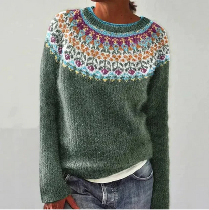 Maria - Pull Islandais Confortable - Gris avec fleurs / S - Sweaters & Pullovers