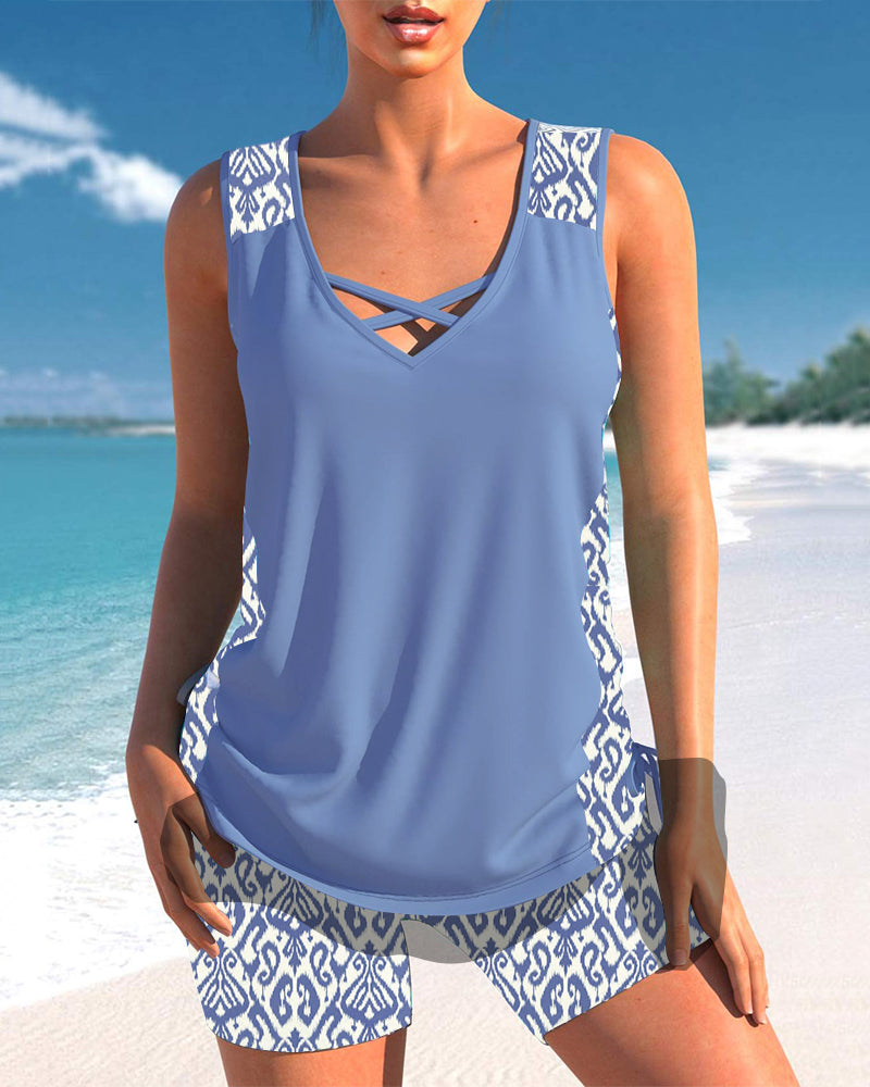 Tankini Moderne et Confortable avec Imprimés - Bleu / S - Tankinis